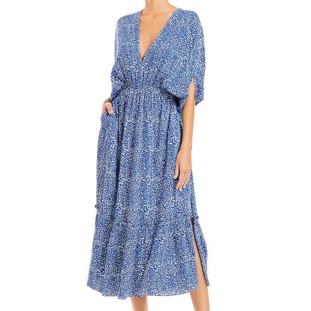 Lemlem Blue Halima Print Plunge Neck Dress